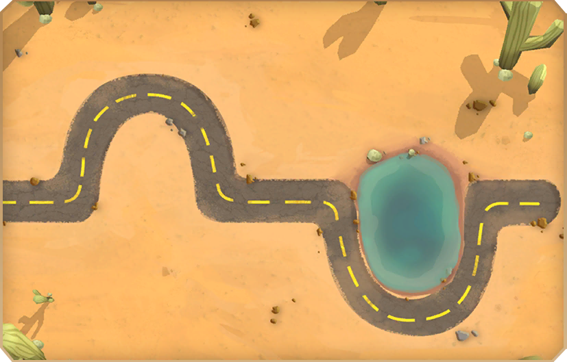 End Of The Road. The map is a much brighter off yellow, rather than tan. The water is brighter, and the cacti are on the edges of the map rather than scattered around, are larger, and have much harsher shading. There are rocks scattered about and no grass.
