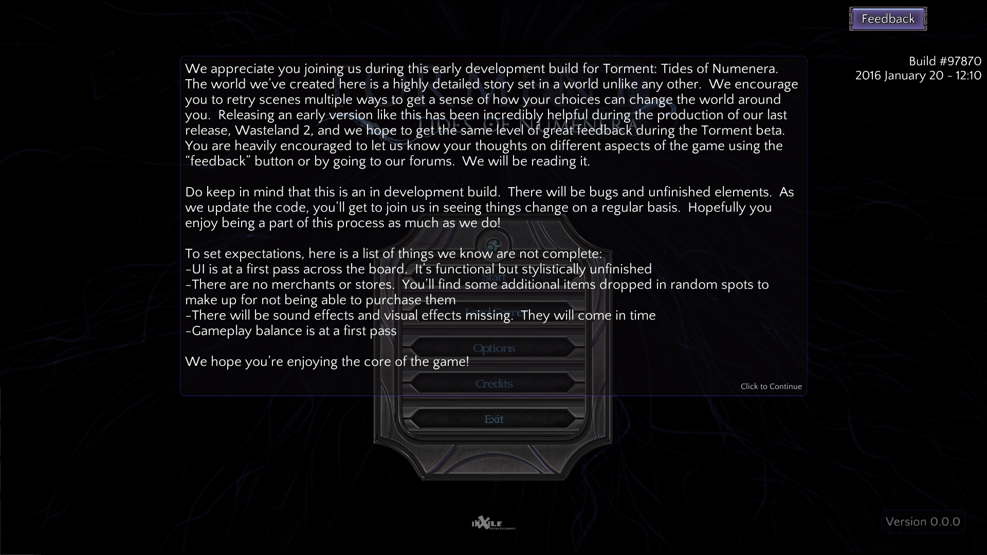 Early dev team message with build number and feedback button