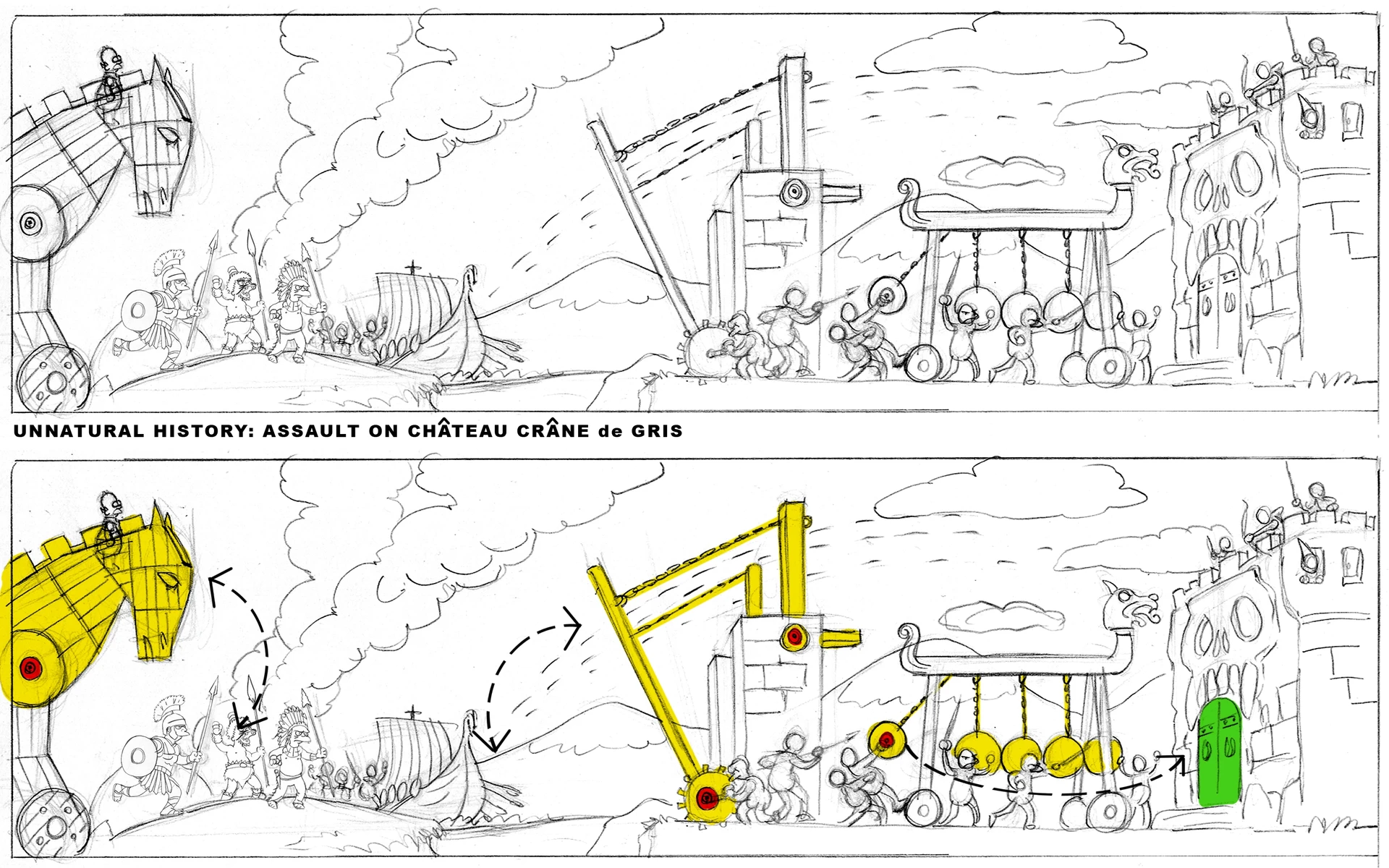 "Later in the level, there are dioramas that transition the player into a side-scrolling camera. This "Castle Grayskull" invasion scene demonstrates both layout, camera, and player navigation mechanics." "Later in the level, there are dioramas that transition the player into a side-scrolling camera. This "Castle Grayskull" invasion scene demonstrates both layout, camera, and player navigation mechanics."