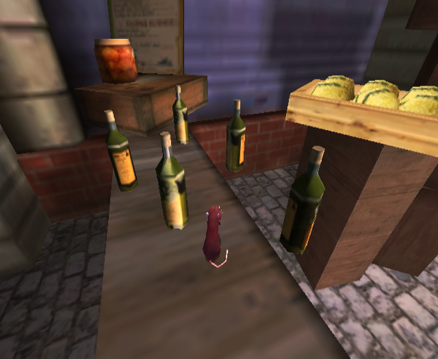 While it is technically possible to see these in normal gameplay, editing player coordinates makes it much easier to see that these glass bottles on the wooden countertop behind Mabel in The City Market are slightly floating off the edge.