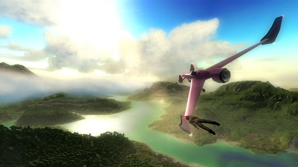 Rico holding on to the plane in stunt position.