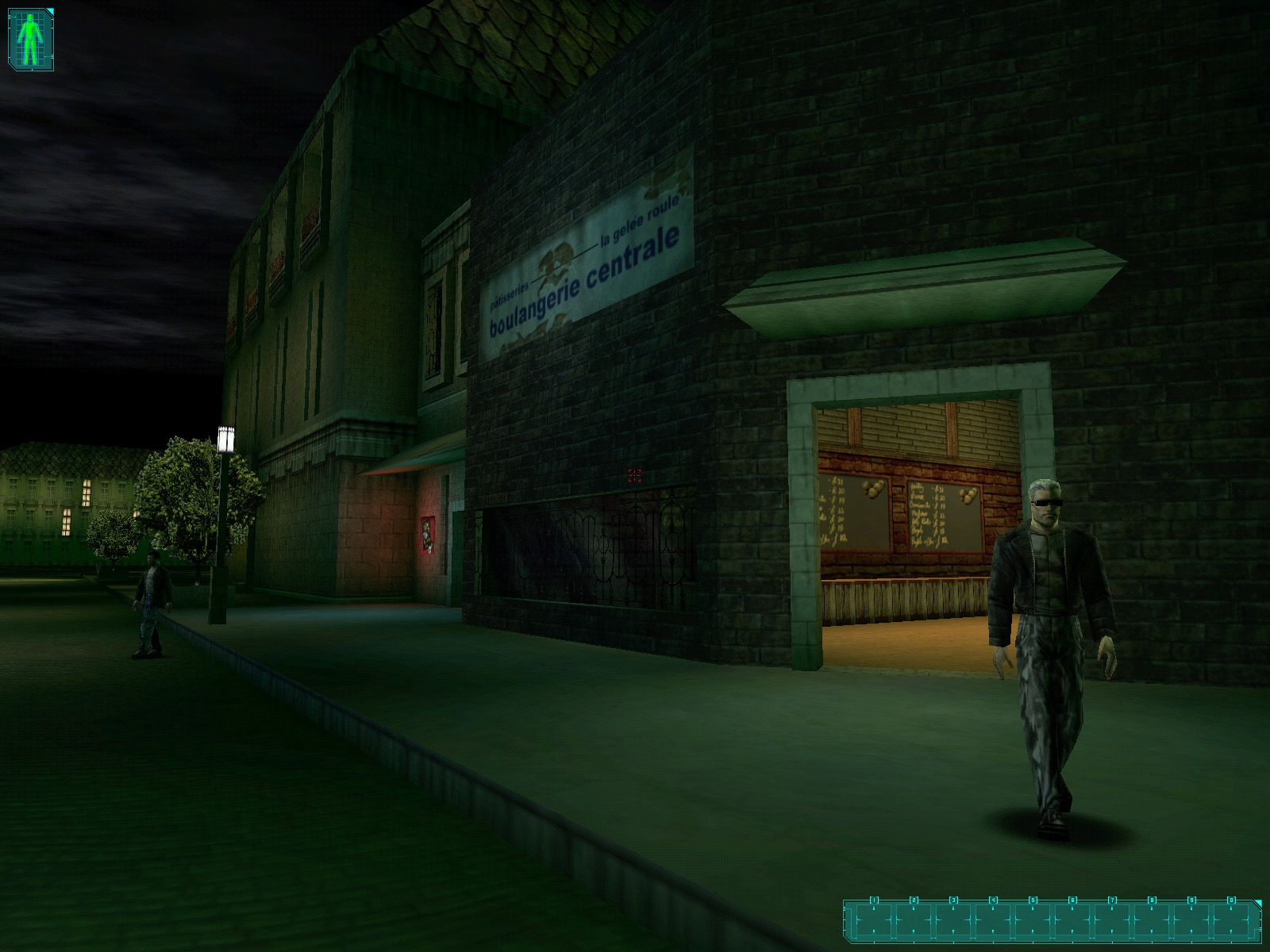 A man, possibly Jock, walks in Paris with alternate HUD visible.