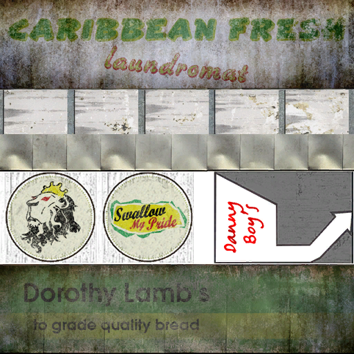 Unused "Caribbean Fresh", "Dorothy Lamb's" and "Danny Boy's" signs in Schottler - Beechwood City.