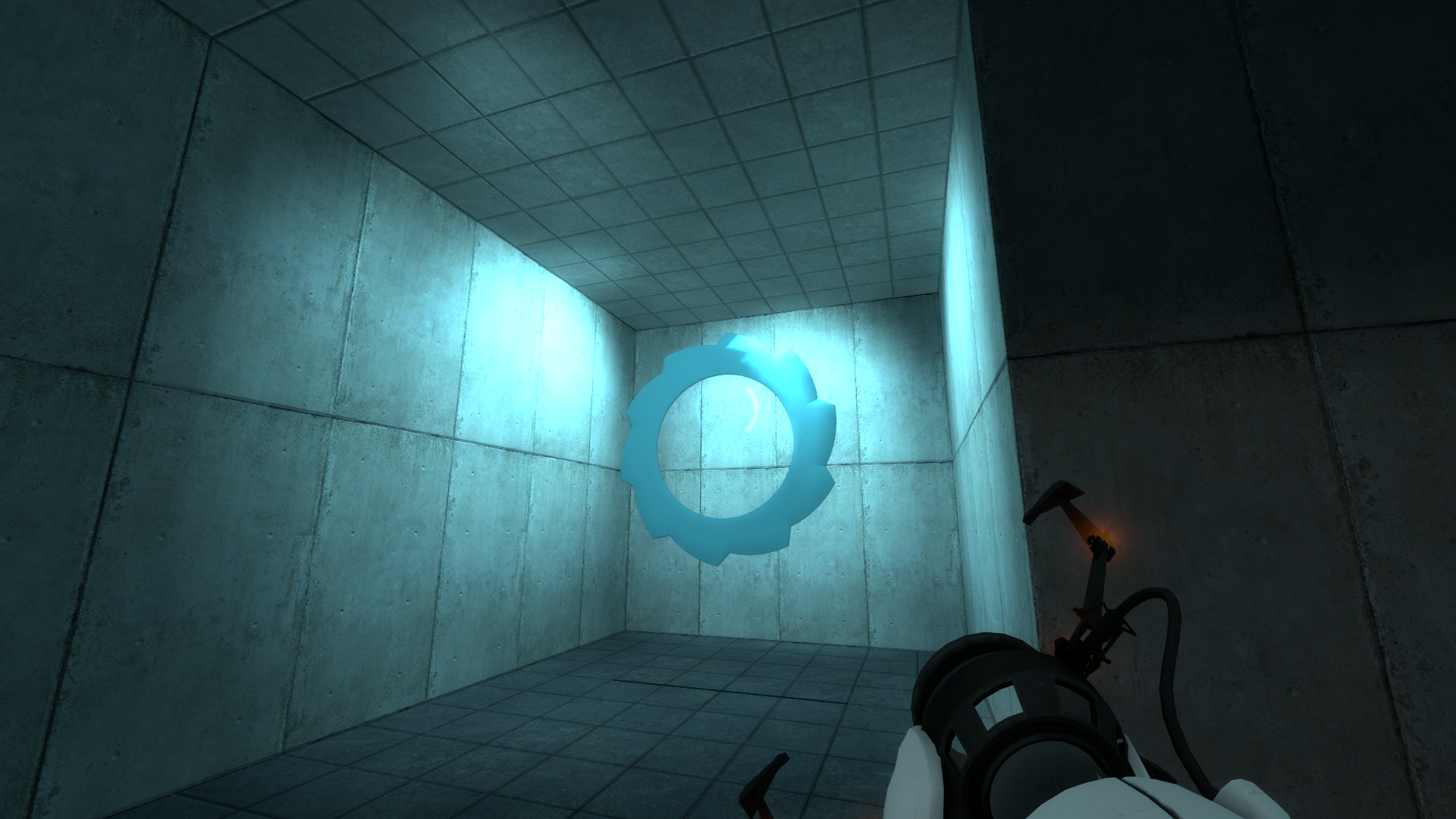 The area with the Aperture logo seen in lab_lvl3, looking at it causes the Portal Gun to lower. The area with the Aperture logo seen in lab_lvl3, looking at it causes the Portal Gun to lower.