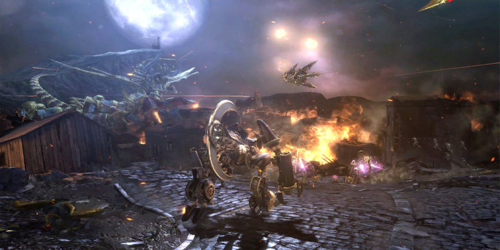 Multiple Umbran Armor mechs are visible, implying the player would've fought alongside witches other than Rosa during this Chapter. Witch Apprentices can be seen running on air on the right side of the image, perhaps indicating a change of level geometry at one point.