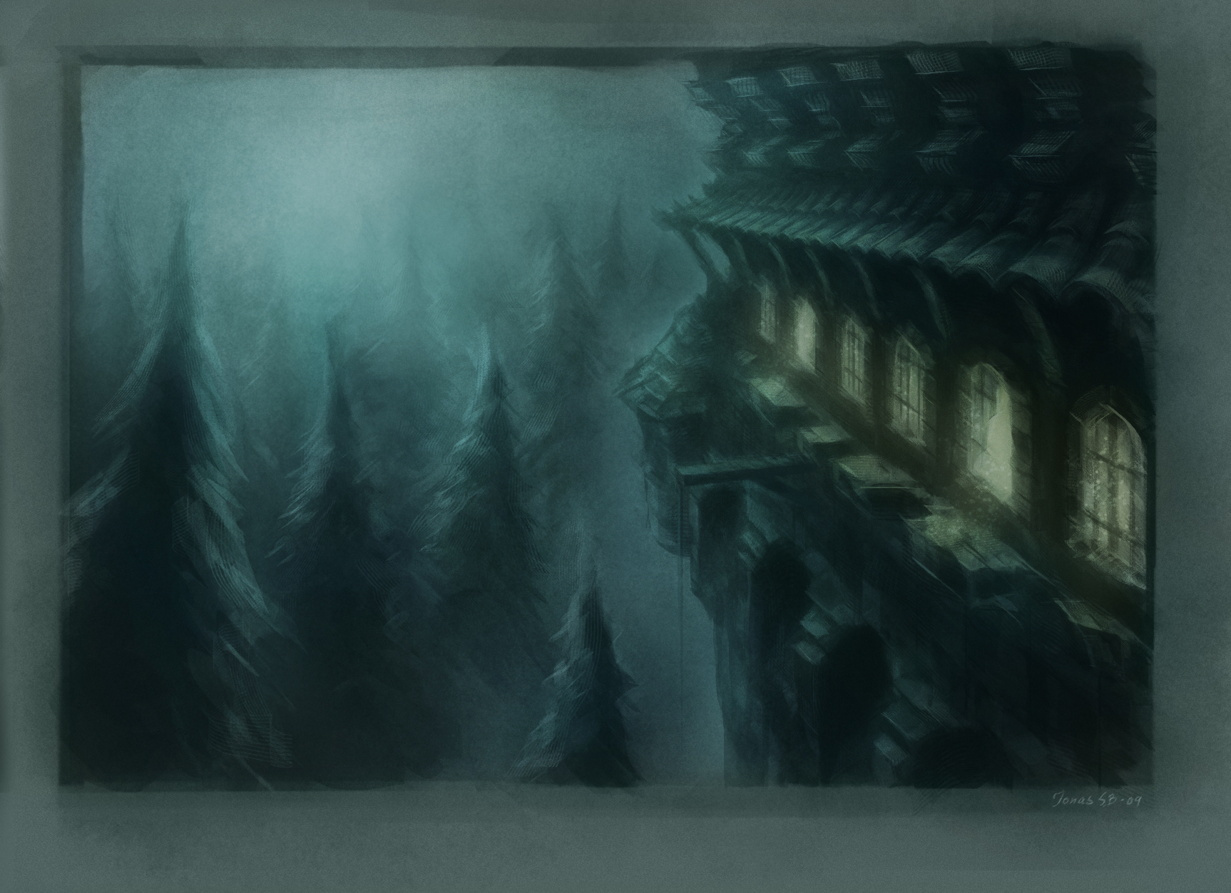 Concept art of the exterior of the study.