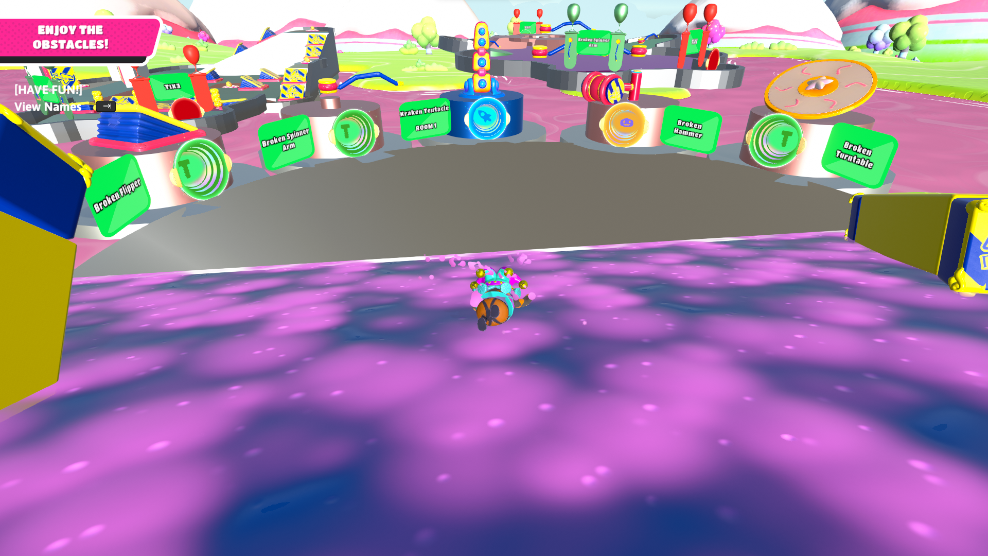 Lobby with portals leading to various places to test the Broken Flipper, the Broken Spinner Arm, the Kraken Tentacle, the Broken Hammer and the Broken Turntable. The slime slide leading to the portals has rectangles that resemble those of Slime Climb, but fit to SS3's "Lost City" theme.