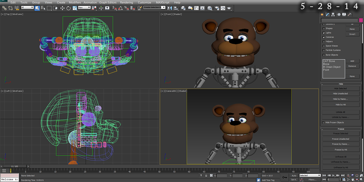 A behind-the-scenes image of a work-in-progress model of Freddy Fazbear. Notice the date on the upper right, stating that this version of the model was being created on May 28th, 2014. A behind-the-scenes image of a work-in-progress model of Freddy Fazbear. Notice the date on the upper right, stating that this version of the model was being created on May 28th, 2014.