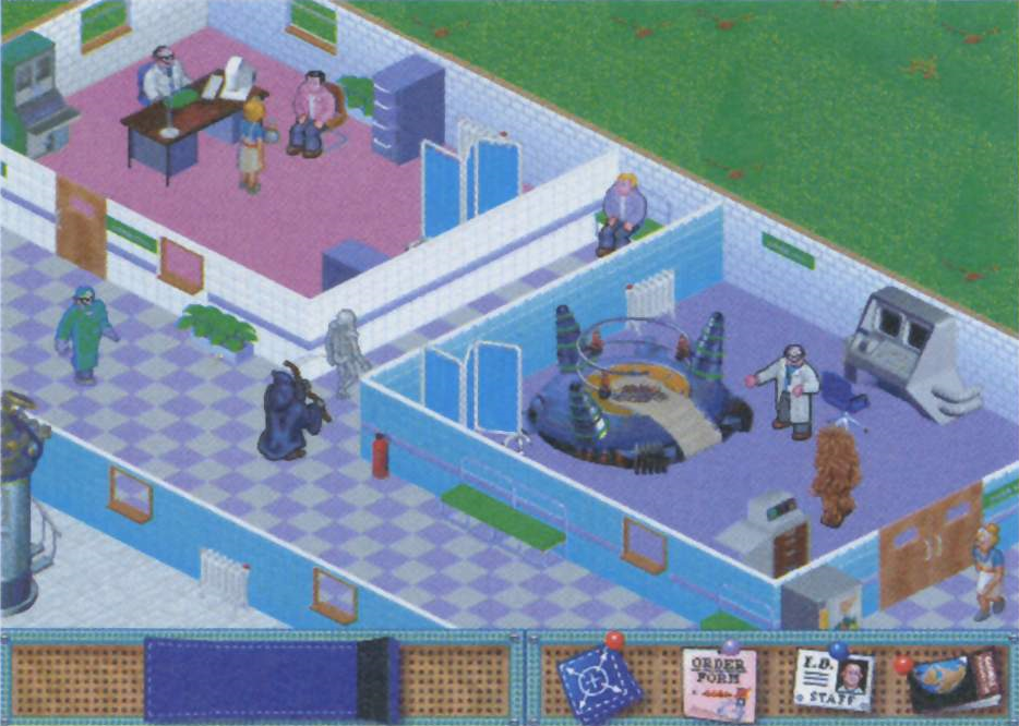 A room with two doors and what appears to be a combined GP's Office and Pharmacy, and a combined Electrolysis and diagnosis room.
