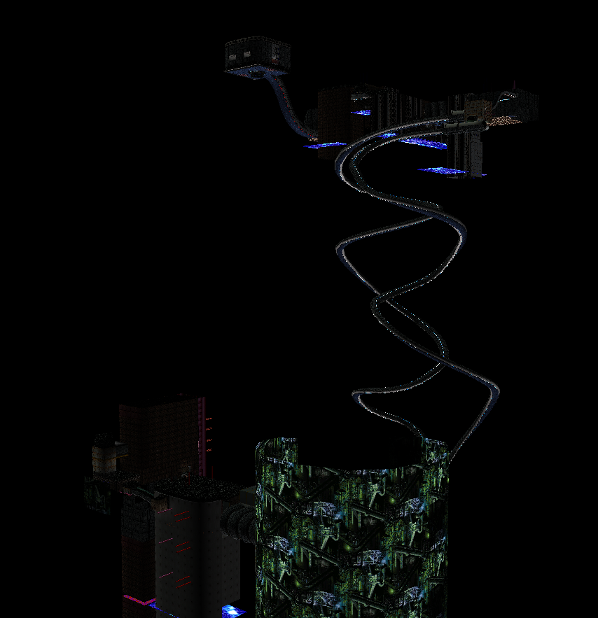 A render of the level, showing the two long paths that are missing in the final. A render of the level, showing the two long paths that are missing in the final.