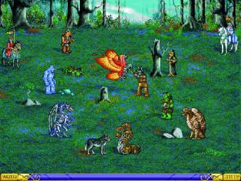 Earlier version of battle on a swamps seen on E3 trailer, status button is still HoMM1 placeholder, creatures have moved. This is the earliest official promotional screenshot.