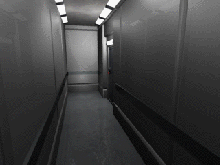 View facing the opposite direction of the previous image. This door leads to the Test Lab and is initially locked, but interacting with it unlocks it and turns the red light blue. This implies that in the Test Lab, this door would have initially been "locked from the other side."