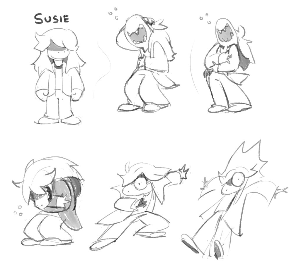 The power of mean girls shine within you.|First-hand sketches of Susie's overworld sprite, showing possible expressions. The power of mean girls shine within you.|First-hand sketches of Susie's overworld sprite, showing possible expressions.