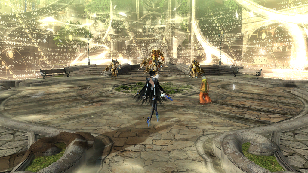 The camera is further away from Bayonetta. There is no circular angelic barrier behind the Accolade, and the pattern seen when nearing the battlefield's barrier is visible even though Bayonetta is a distance from it.