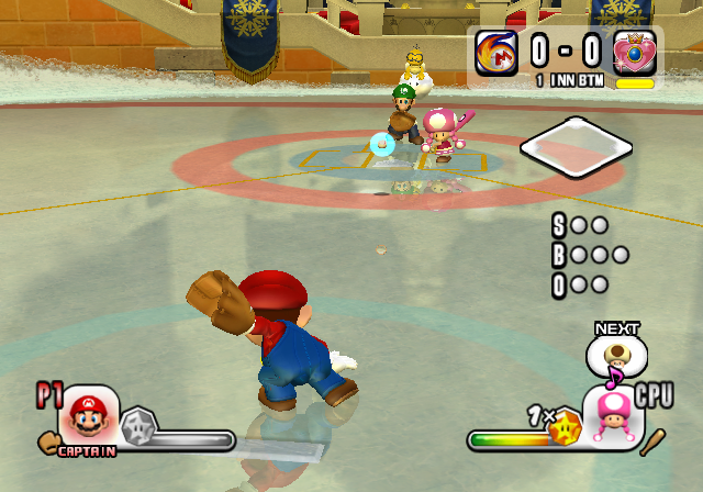 Throwing or hitting the ball into play in Peach Ice Garden allows the ball's reflection to show the orange outline graphic.