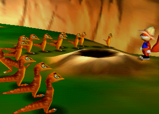Conker wears a Pith Helmet as he observes 13 small dinosaurs in front of a hole. Likely being for the "Hunger Buster" objective.