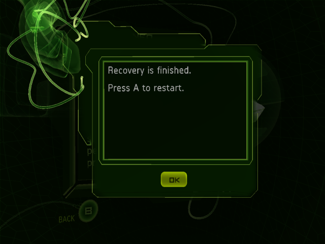 Once the factory reset process is complete, this appears. Pressing OK will restart the system and go to the initial setup.