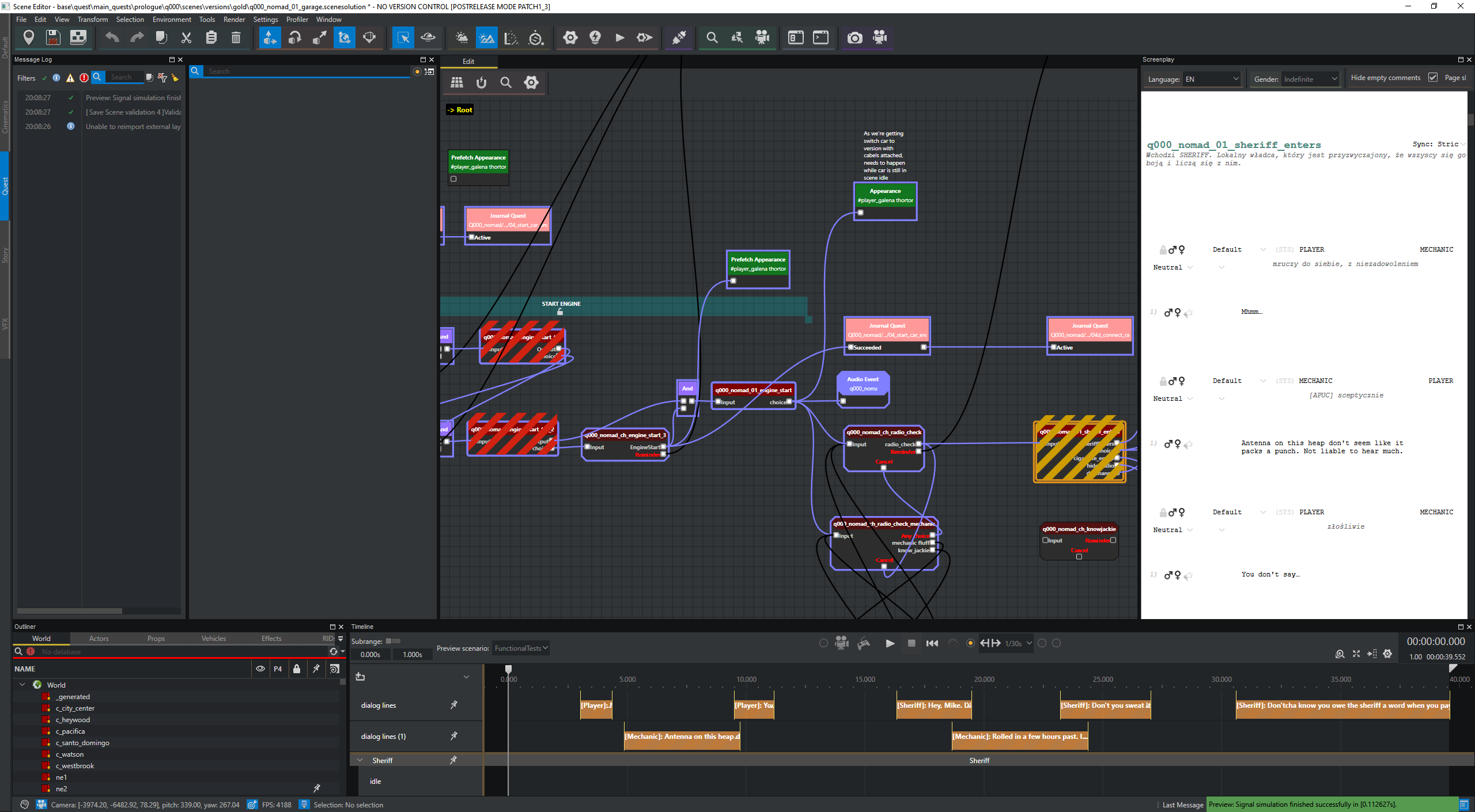 The scene editor has an approval score viewer, but it is unclear why someone chose the red/yellow colors in the graph. Different scores are shown with red or yellow color on nodes in the quest graph. The visible node/screenplay has a yellow colored node in the graph. The scene editor has an approval score viewer, but it is unclear why someone chose the red/yellow colors in the graph. Different scores are shown with red or yellow color on nodes in the quest graph. The visible node/screenplay has a yellow colored node in the graph.