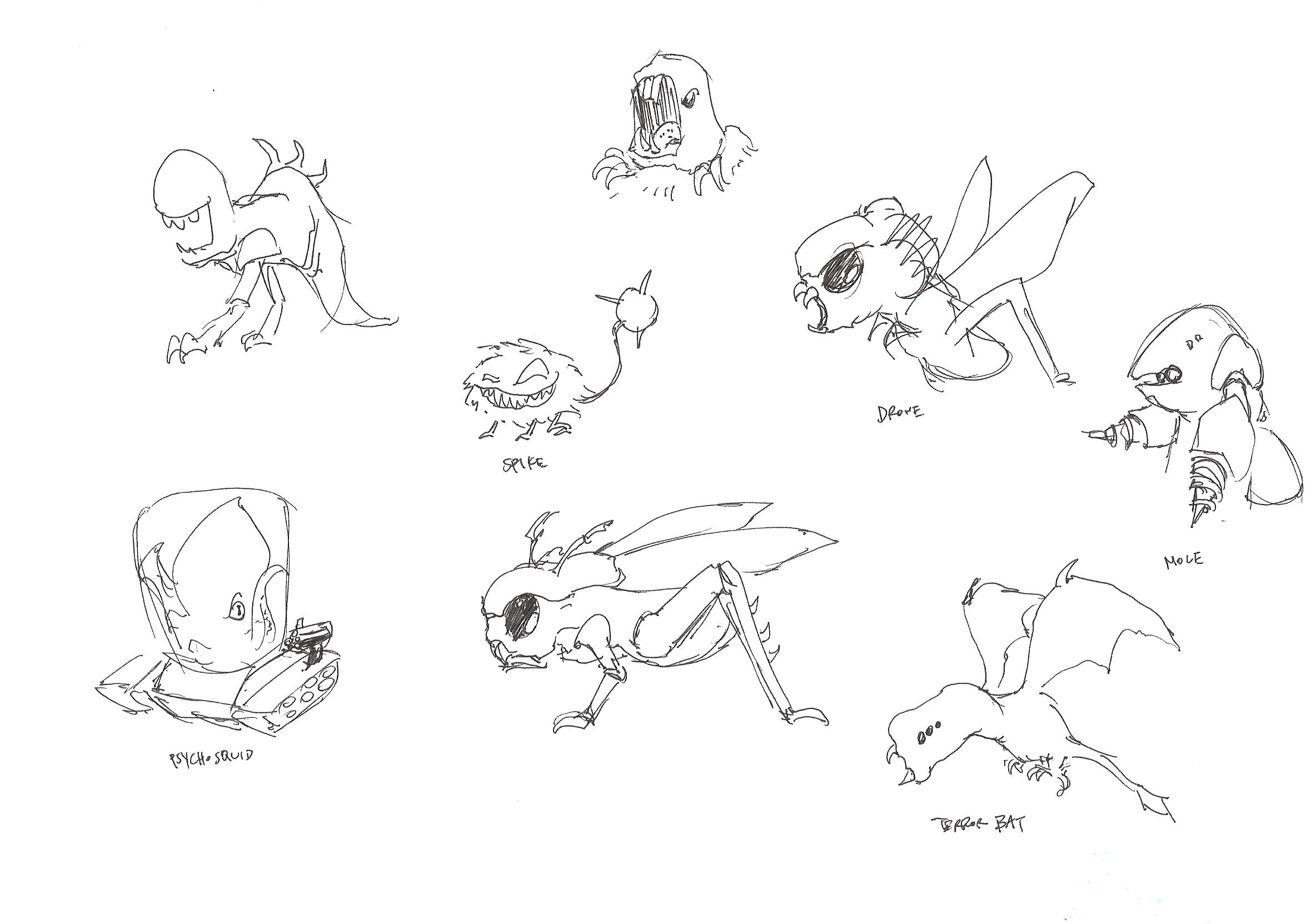 Concept art of monsters, early enemies you were to fight in the game.