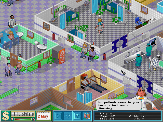 The status panel at the bottom of the screen here gives the full stats of a Surgeon. In the final game this area only shows the Doctor's specialities and their tiredness level. Many of the patients have a cut status icon above their heads that seemingly shows a thermometer. This seems to have been replaced late on for the hot and cold faces used in the final game.