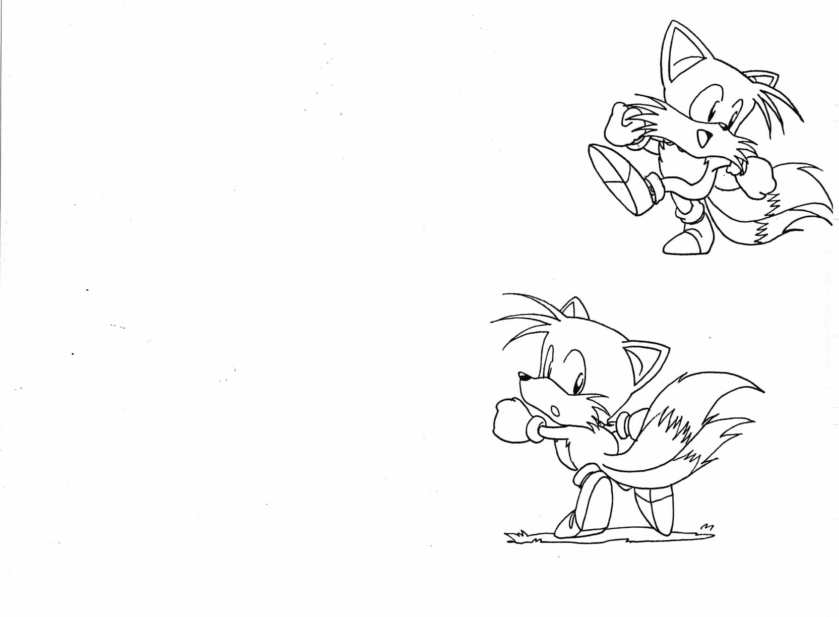 This page seems to be a correction sheet, as both images are redraws of poses seen on other pages. The bottom pose has the most obvious corrections, as Tails now has two tails as opposed to the one shown in the original. This page seems to be a correction sheet, as both images are redraws of poses seen on other pages. The bottom pose has the most obvious corrections, as Tails now has two tails as opposed to the one shown in the original.