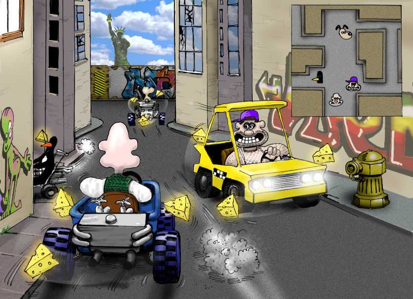 What seems to be a multiplayer battle track set in New York, given the design seen in the minimap. It's not entirely clear what the cheese wedges surrounding each vehicle are for. What seems to be a multiplayer battle track set in New York, given the design seen in the minimap. It's not entirely clear what the cheese wedges surrounding each vehicle are for.