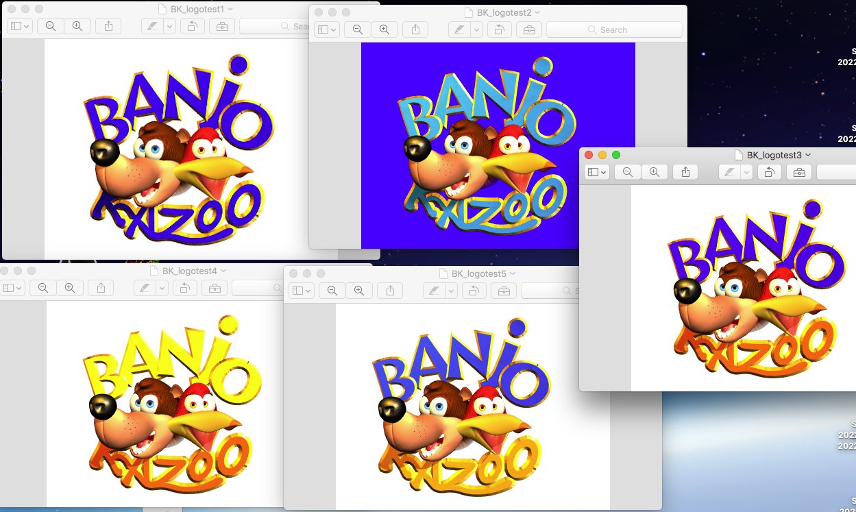 Various drafts of the game's logo by Bryan, dated April 28, 1997. Beneath the frightening stares, one can see that Kazoo originally had gold/yellow eyes. Various drafts of the game's logo by Bryan, dated April 28, 1997. Beneath the frightening stares, one can see that Kazoo originally had gold/yellow eyes.