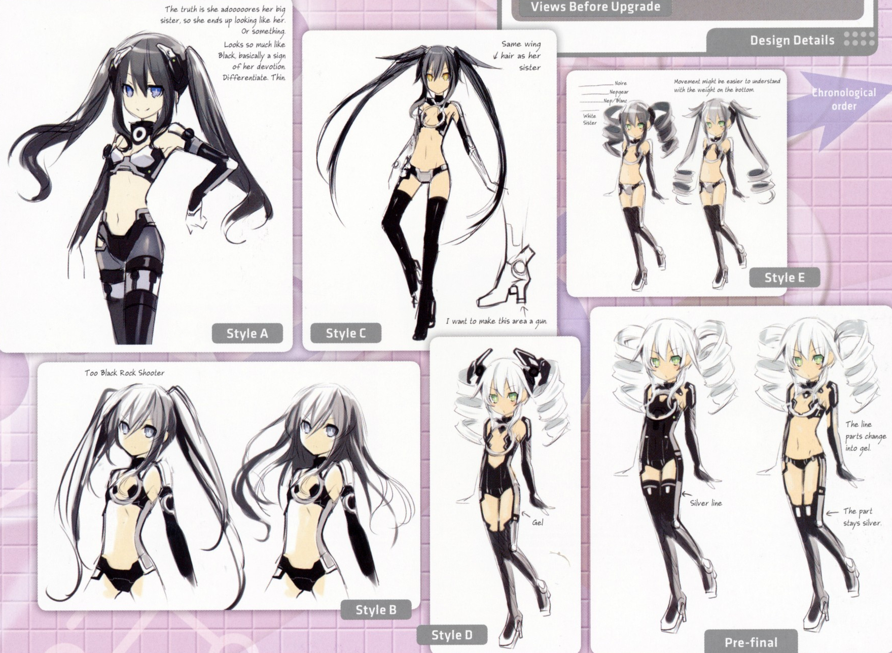 Similar to how her human form originally had white hair, her HDD form had black hair, a reverse of her older sister's transformation. She also had longer pigtails, two headgears, blue eyes (later yellow and light gray), and the legwear in her jumpsuit included pants. Her pre-final HDD designs were a cross between her Cradle and Next-Gen Cradle processors. Similar to how her human form originally had white hair, her HDD form had black hair, a reverse of her older sister's transformation. She also had longer pigtails, two headgears, blue eyes (later yellow and light gray), and the legwear in her jumpsuit included pants. Her pre-final HDD designs were a cross between her Cradle and Next-Gen Cradle processors.