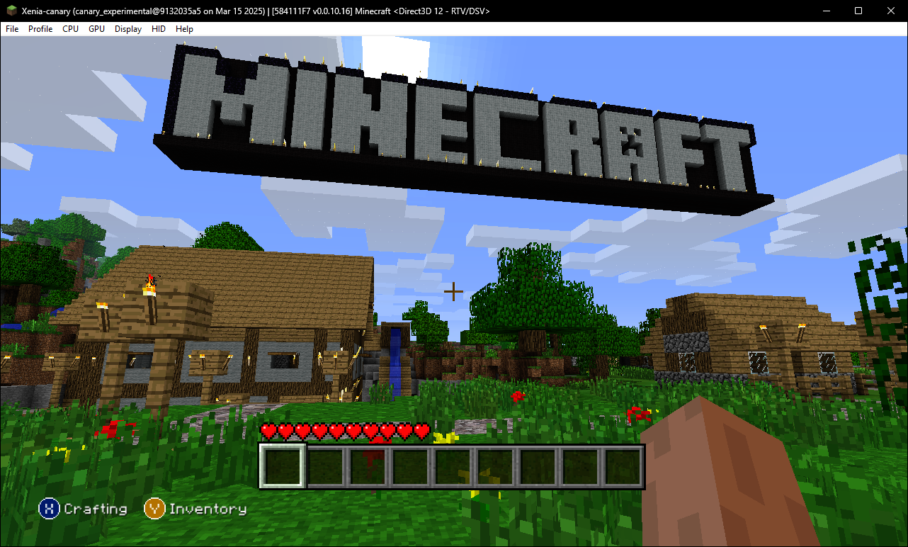 The Minecraft logo hovering above a town. The Minecraft logo hovering above a town.