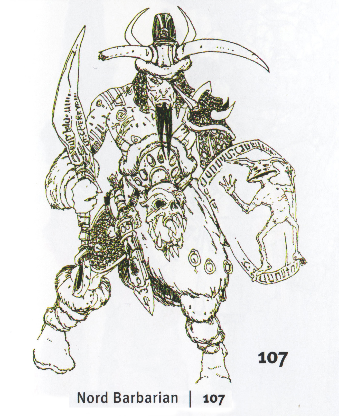 Nord Barbarian - A Nord Barbarian ready for battle. A skinned Gremlin has been nailed to his shield. Gremlins also appeared in Redguard.