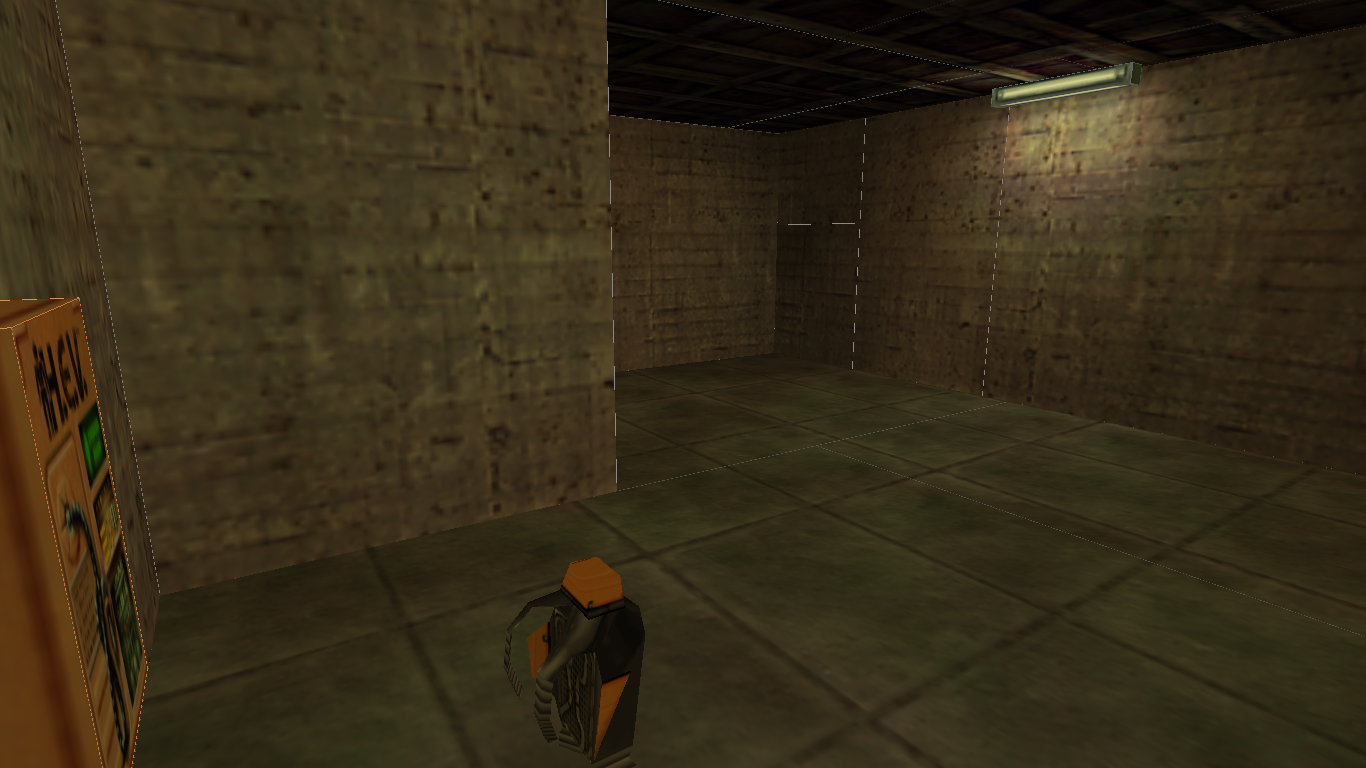 From one corner of the Longjump Room, with "gl_wireframe 1" render mode enabled. The rectangular door blocking access to the Blue Room is outlined on the right side of the far corner.