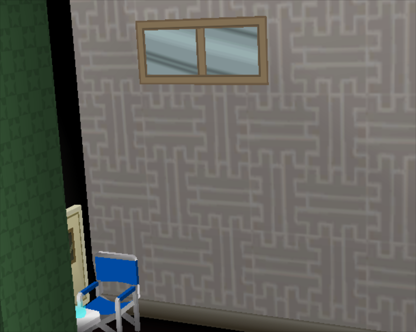 There is a window on the left side of the stage near the chair. Interestingly, the wall appears to use the same texture as the audience floor.