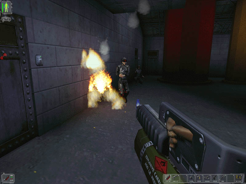 Hell's Kitchen sewers. The flamethrower's old effect on full display, the flamethrower's icon still uses the red graphic while now being green.
