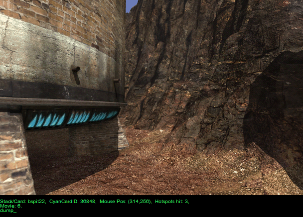 Screenshot showing the effects of the debug command: the two lines above the console display the current stack & card, the current CyanCardID, the current mouse cursor position, the IDs of any hotspots the cursor is currently over, and any currently-playing movies (in this case the animation of the flames). This screenshot was generated using the dump command.