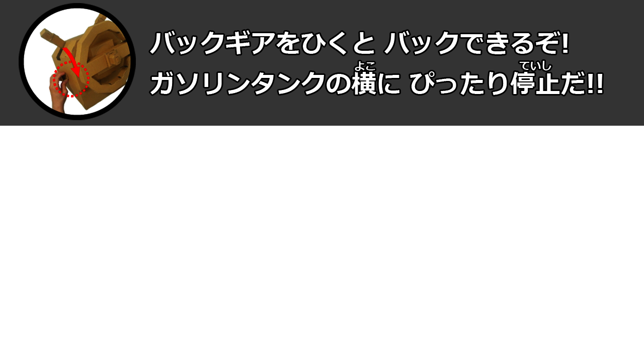 バックギアをひくと バックできるぞ!ガソリンタンクの横に ぴったり停止だ!! バックギアをひくと バックできるぞ!ガソリンタンクの横に ぴったり停止だ!!