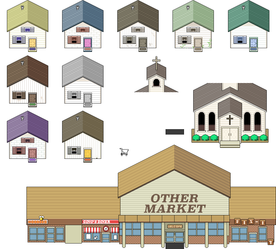 Unused versions of the lower houses, othermart, and the church in Faraway. Unused versions of the lower houses, othermart, and the church in Faraway.