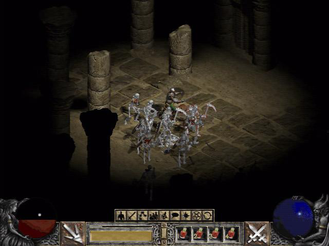 A Paladin fighting skeletons. Note the odd button next to the ESC button.