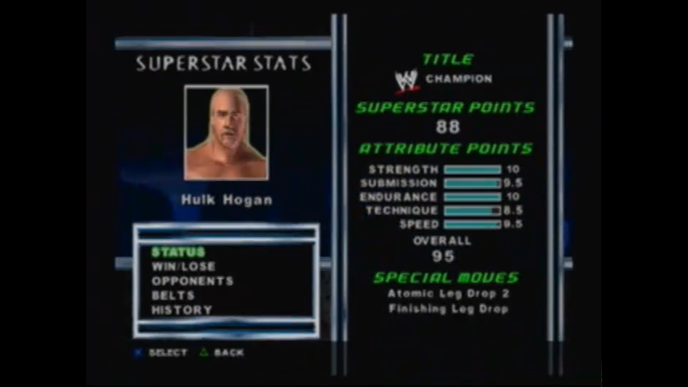 Hulk Hogan (80's)'s stats and finishing moves. Hulk Hogan (80's)'s stats and finishing moves.