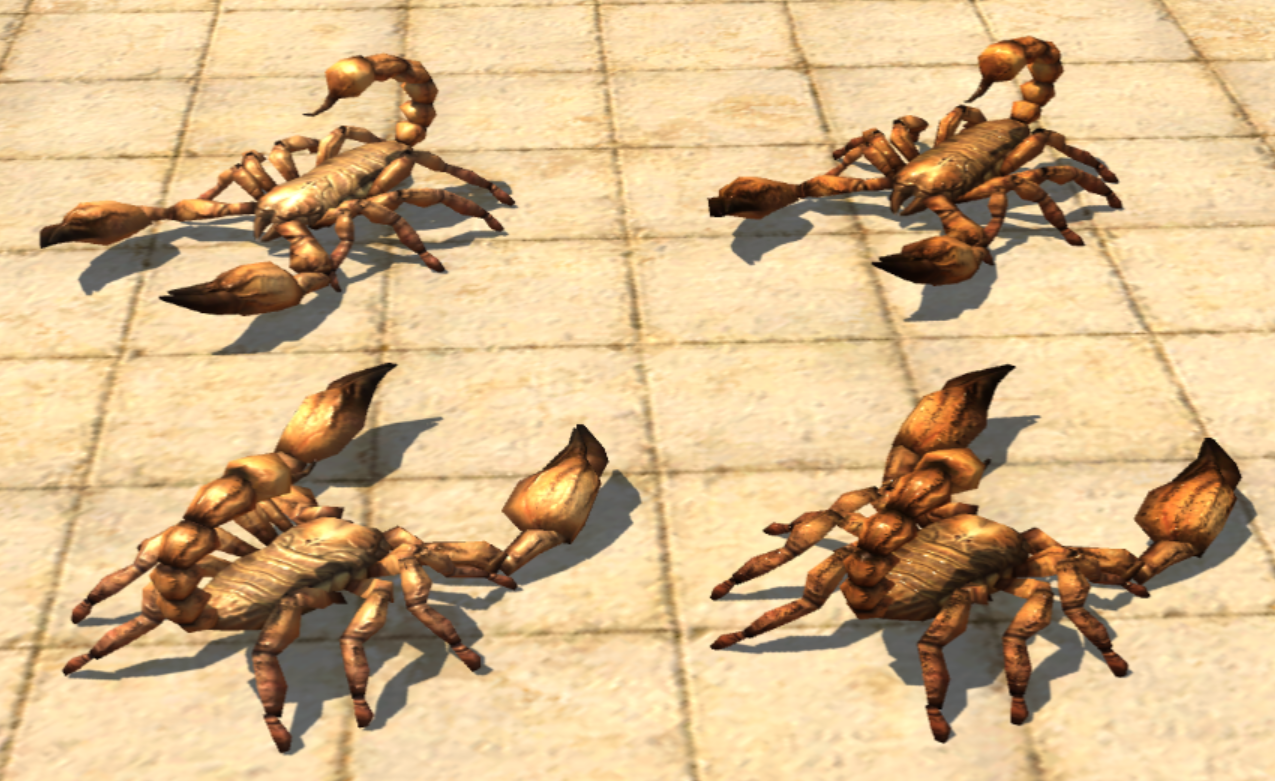 Comparison between normal mesh and "giant" mesh in the Editor. Notice the static legs of the left scorpions that clip into the ground