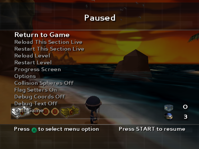 Pause menu with debug options. Pause menu with debug options.