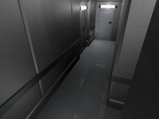 The door on the left leads to A1402, while the door at the end leads to the room where the player encounters the first mech enemy.