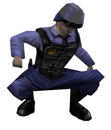 kibbitzidle: A guard presses something while crouching, then gets up and stretches his back. kibbitzidle: A guard presses something while crouching, then gets up and stretches his back.