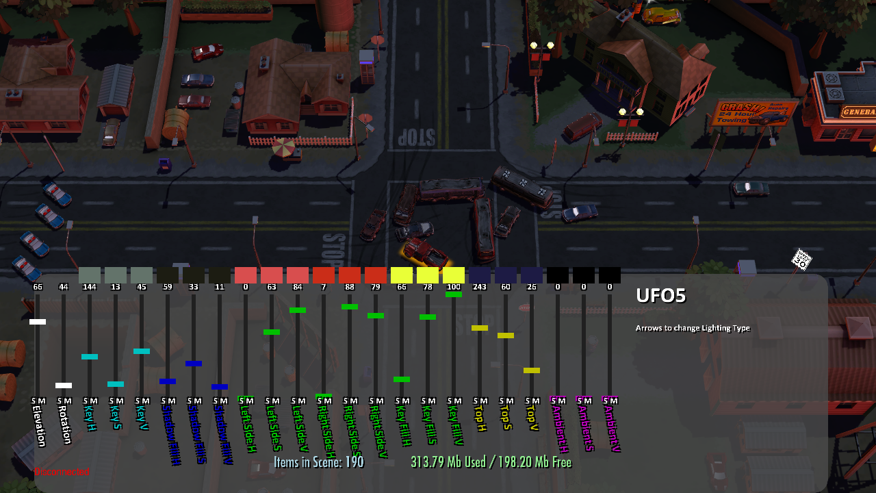 Lighting information - cycle through presets with LEFT / RIGHT Boxes showing the color become visible if the HUD is disabled T triggers a feature in Arcade mode (this string is meant to be visible under the "Arrows to change Lighting Type" string, but it isn't) Lighting information - cycle through presets with LEFT / RIGHT Boxes showing the color become visible if the HUD is disabled T triggers a feature in Arcade mode (this string is meant to be visible under the "Arrows to change Lighting Type" string, but it isn't)