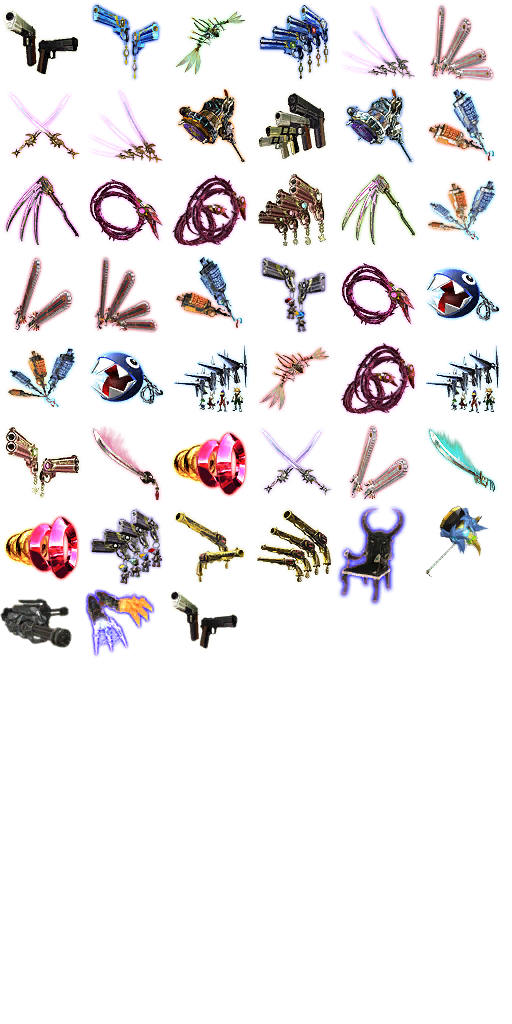 Weapon renders for each character. At the bottom are unused weapons such as a demonic chair, a blue version of the early Takemikazuchi seen in ui_test.dat, a pair of gatling guns, and Durga from Bayonetta.