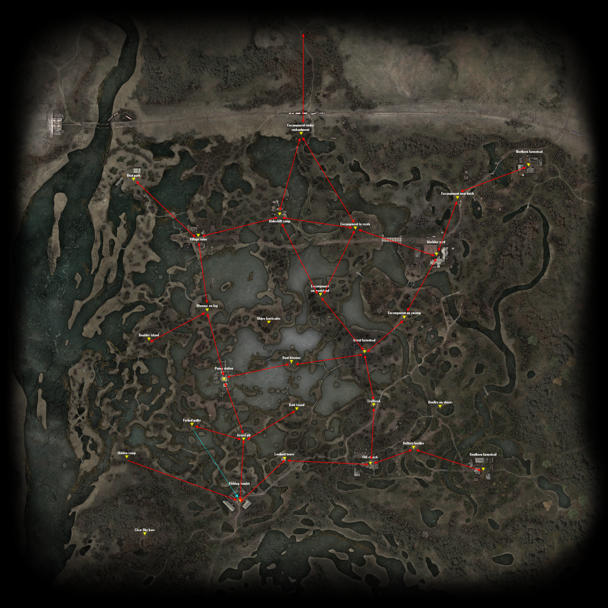 A picture of Great Swamps location with every single smart terrain named and arrows drawn to show the paths CS and Renegade squads use to travel through the location.
