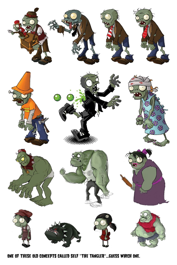 More concept zombie designs, including a Conehead Zombie wearing some construction worker attire, another potential early Gargantuar, and two zombie children. One of these designs is called "The Tangler".