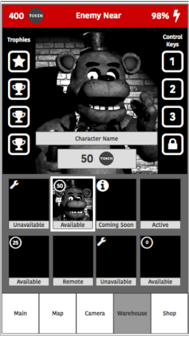 Early concept of the workshop (named warehouse here) which also shows slots for the unused "Trophies" and "Control Keys".