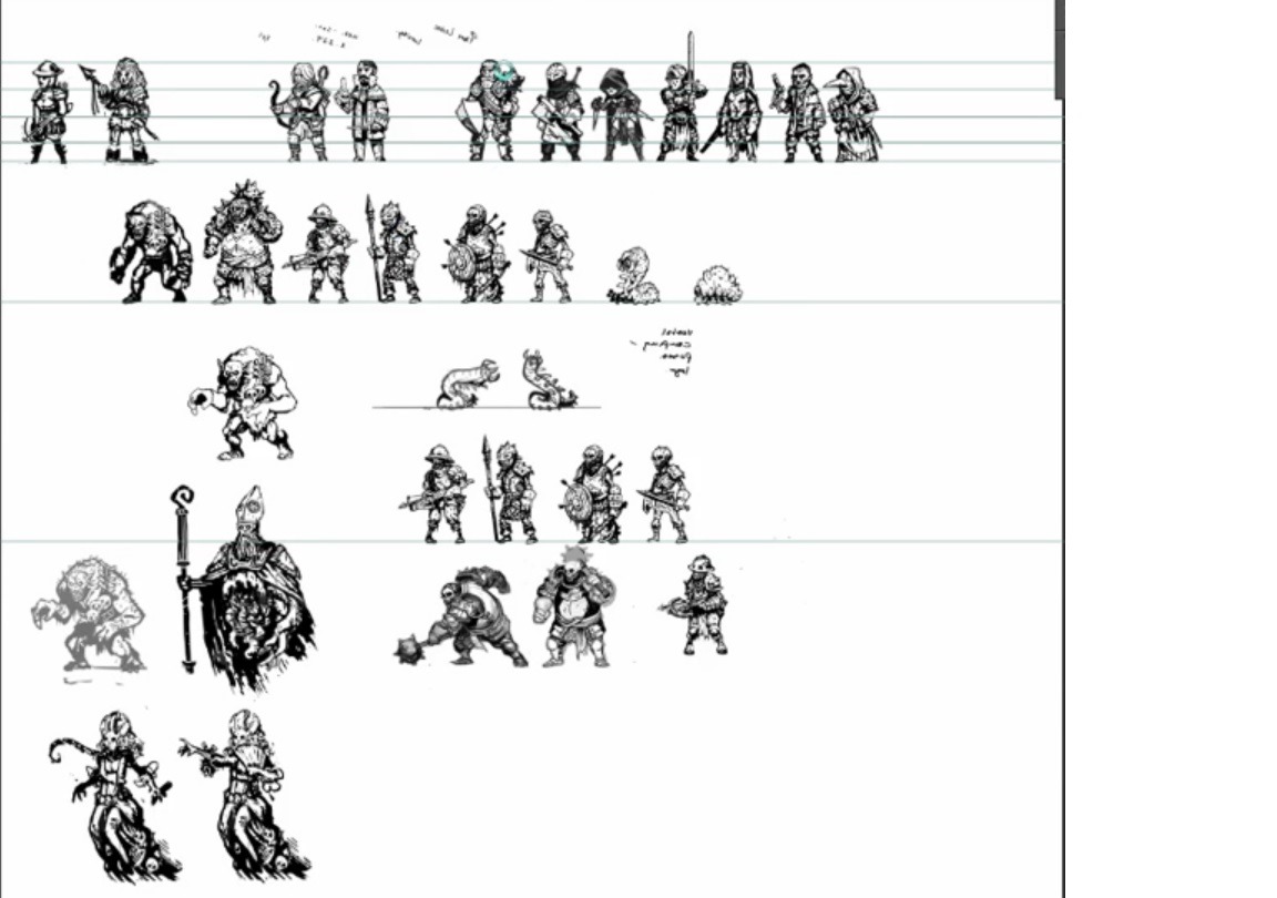A variety of monster designs and hero designs. Notable are the old designs for Leper, Man at Arms, Bounty Hunter, Graverobber (the hooded lady with daggers), Occultist, Houndmaster (Bow and arrow wielding class, seems to have become the Arbalest while the person themselves became the Houndmaster), and Hellion and Musketeer at the far right. On the enemy side of things, the feminine monster with the long tongue and fan appears to have eventually become Countess as they share a number of similarities in design. The "ogre" above her is an early version of a Ghoul as the artbook confirms.