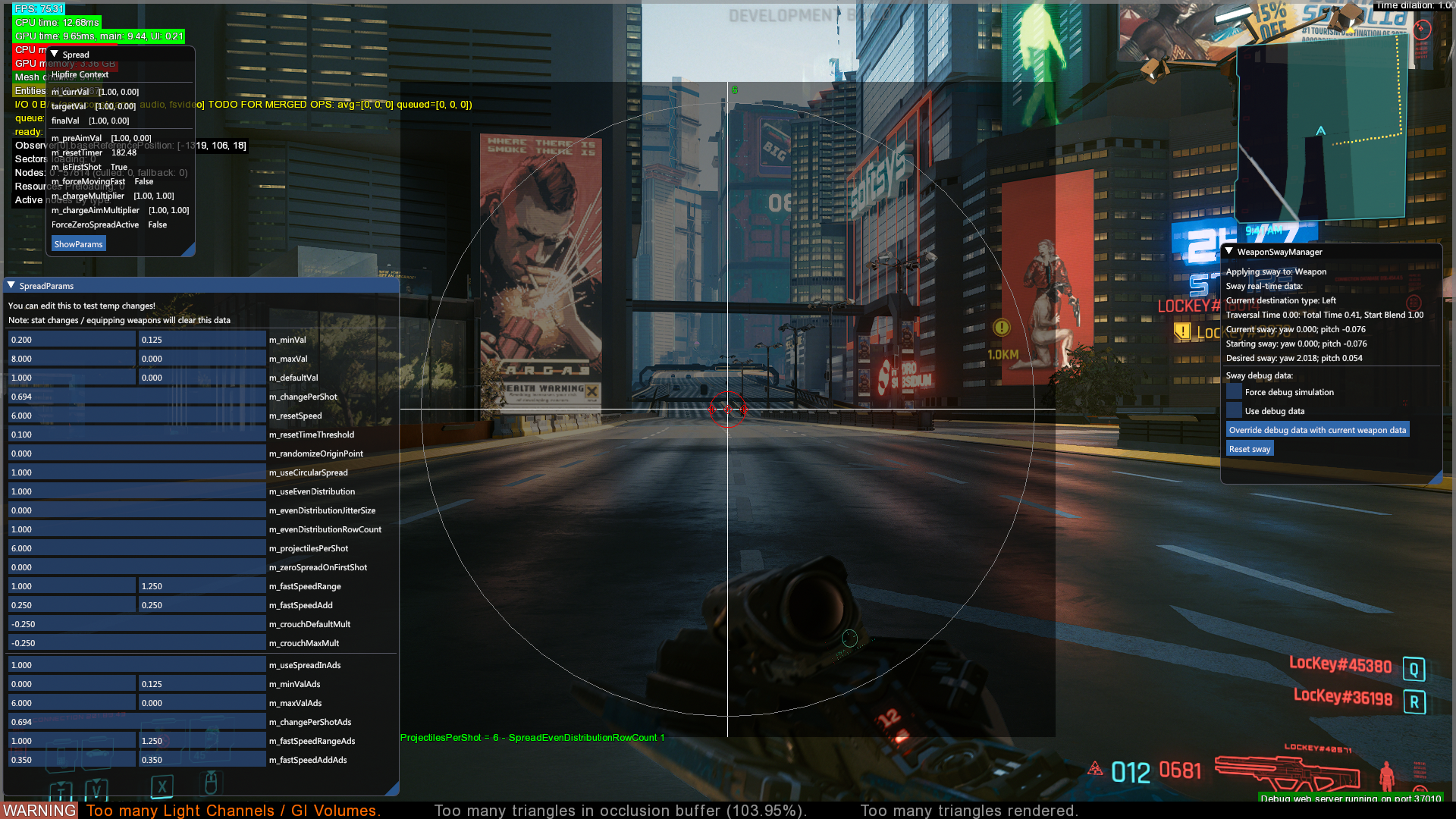 Scoped weapons have a black square that likely helps with seeing sway on scopes. The red plus signs display the projectiles fired from the weapon.