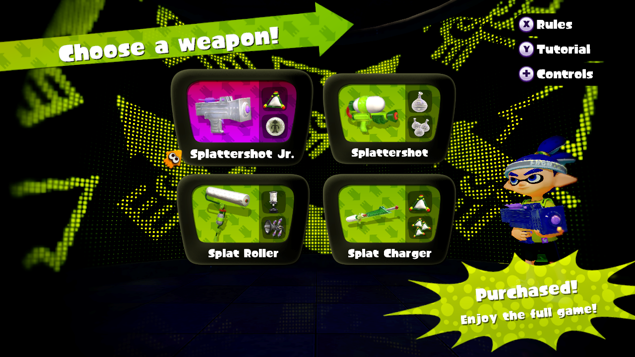 Splattershot, Splattershot Jr, Splat Roller and the Splat Charger. Splattershot, Splattershot Jr, Splat Roller and the Splat Charger.
